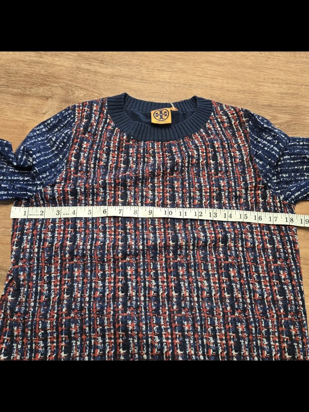 Tory Burch Blue and Red Multicolor Knit Crewneck Sweater Wool Nylon Blend Large